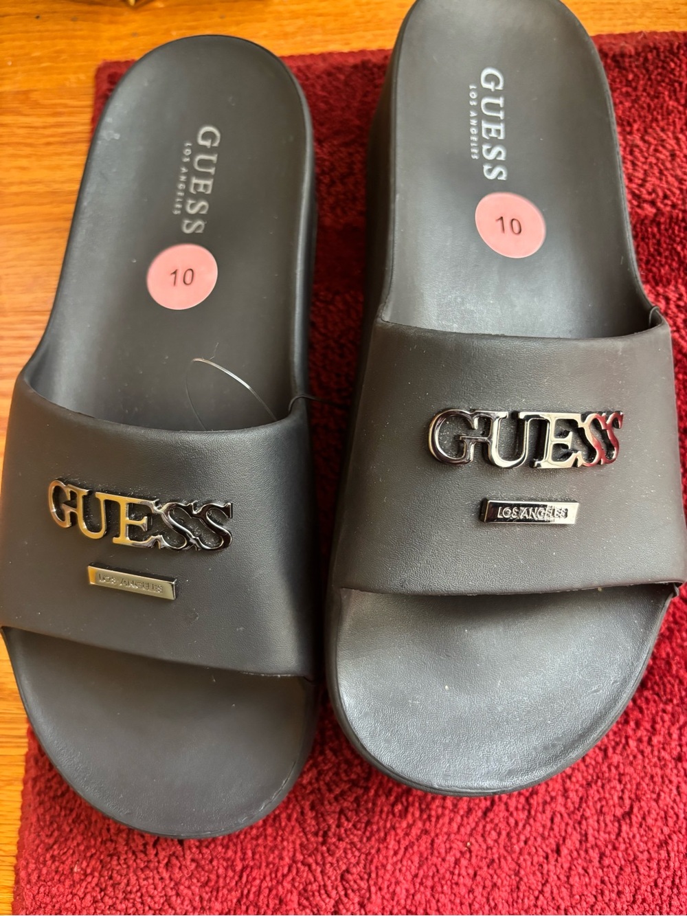 Guess Black Slide Sandals with Silver Logo Hardware
